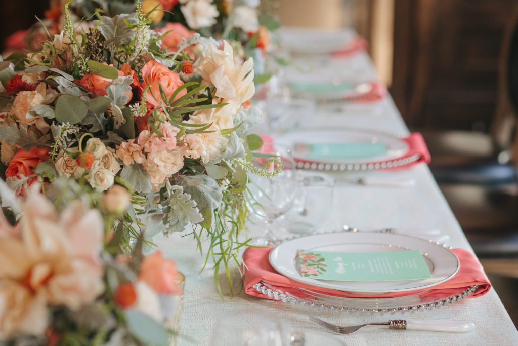 Coral and mint spring tablescape for a tea party